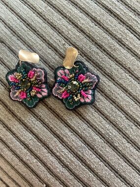 Handcrafted Pink & Green Floral Beaded Drop Earrings